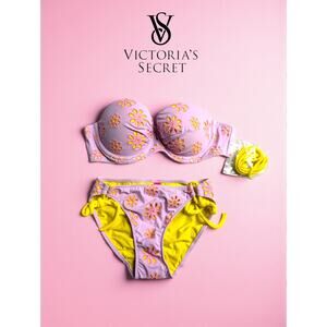 NWT Victoria’s Secret Bikini Set 34A/XS Lilac Eyelet Lace Yellow Convertible